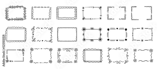 Doodle frames set, hand-drawn monograms.Edgings and cadres with simple sketchy elements for your design.Isolated. Vector illustration.
