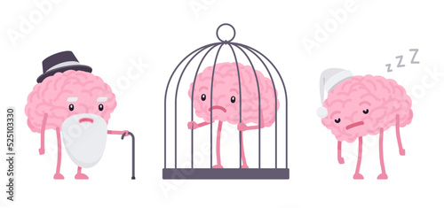 Human brain cute character set, age, cage, sleep disorder, physical problems after tumors and strokes, dementia, alzheimer, sleepy, poor memory, trapped learning. Vector flat style illustration