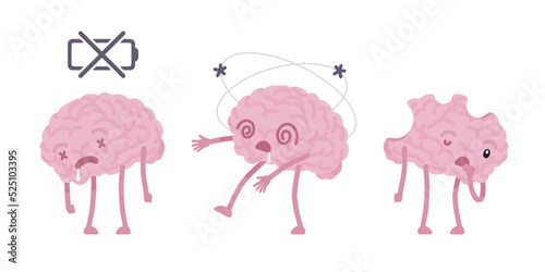 Human brain cute character set, low battery, damage, trauma. Bad level activity, discharge, stressed out, emotional, mental, social, physical and spiritual loss. Vector flat style illustration