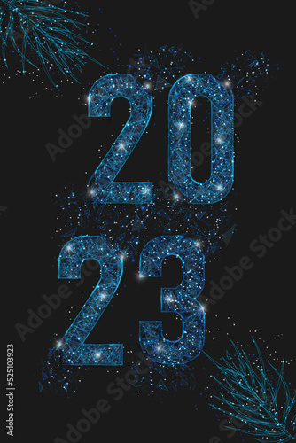 Abstract isolated blue image of new year number 2023. Polygonal low poly wireframe illustration looks like stars in the blask night sky in spase or flying glass shards. Digital web, internet design.