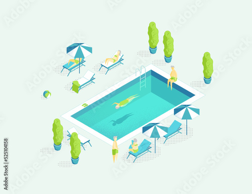 Swimming Public Pool Summer Leisure Concept 3D Isometric View Include of Swimmer Beach Chair and Umbrella. Vector illustration