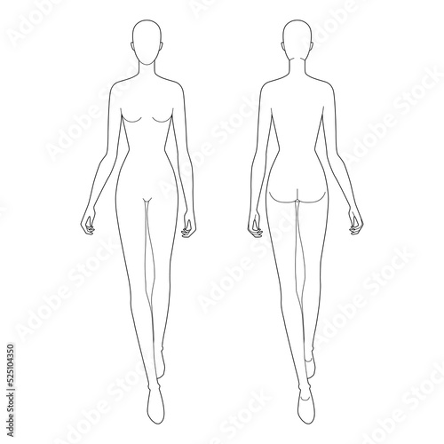 Walking women Fashion template 9 nine head size female for technical clothes drawing. Lady figure front and back view. Vector isolated outline sketch girl for fashion sketching and illustration.
