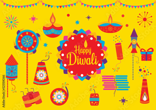 In yellow color Diwali festival modern elements illustration and icon set for graphic and web design templates or Deepavali firecrackers, Diwali crackers flat vector, color full vector fireworks