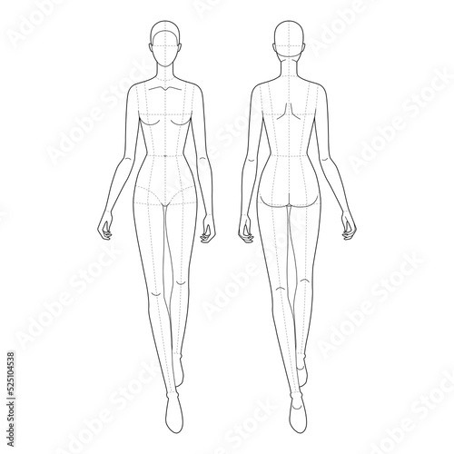 Walking women Fashion template 9 nine head size female with main lines for technical drawing. Lady figure front, back view. Vector isolated outline sketch girl for fashion sketching and illustration photo
