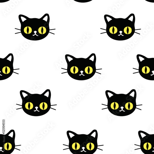 Halloween vector seamless pattern with Hand drawn Cat Head. Cartoon Animals Background in doodle style. Vector Illustration © LindaAyu