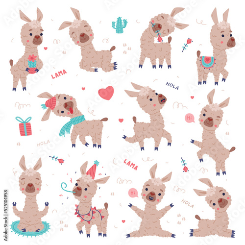 Cute baby llama in different poses set. Funny alpaca character domesticated animal. Childish print for sticker, card, textile, nursery decor vector illustration