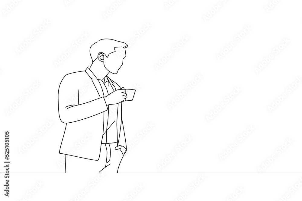 Cartoon of asian businessman working holding a coffee cup wear a business suit looking at the window In the office. Oneline art drawing style