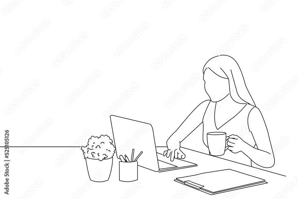 Cartoon of happy woman working with laptop and drinking coffee. Oneline art drawing style Cartoon of happy woman working with laptop and drinking coffee. Oneline art drawing style