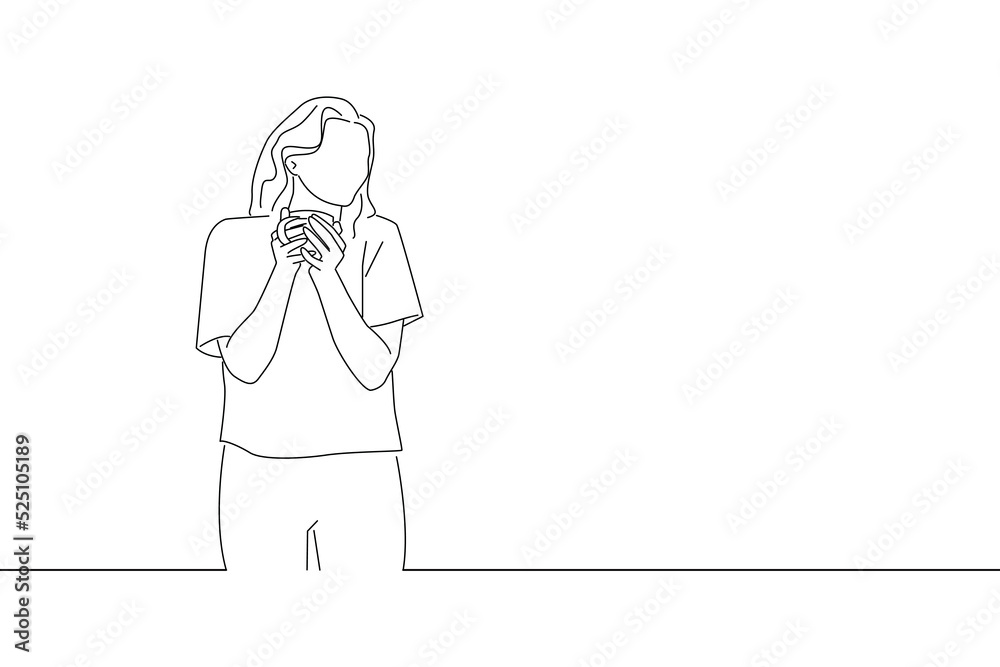 Drawing of happy business woman standing by window smiling with cup of coffee. Outline drawing style art Drawing of happy business woman standing by window smiling with cup of coffee. Outline drawing style art