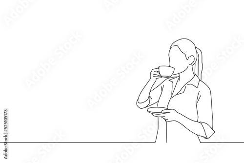 Illustration of businesswoman drinking coffee near window in the room. Line art style