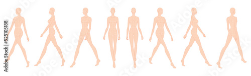 Set of Walking women nude Fashion template 9 nine head size female with main lines for clothes technical drawing. Lady figure front, side, 3-4, back view. Vector outline girl for fashion illustration photo