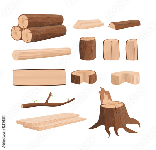 Cartoon Color Wooden Logs and Round Slices with Stump Icons Set Flat Design Style. Vector illustration of Icon