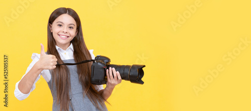 the best. childhood. teen girl taking photo. kid use digital camera. happy child photographing. Child photographer with camera, horizontal poster, banner with copy space.