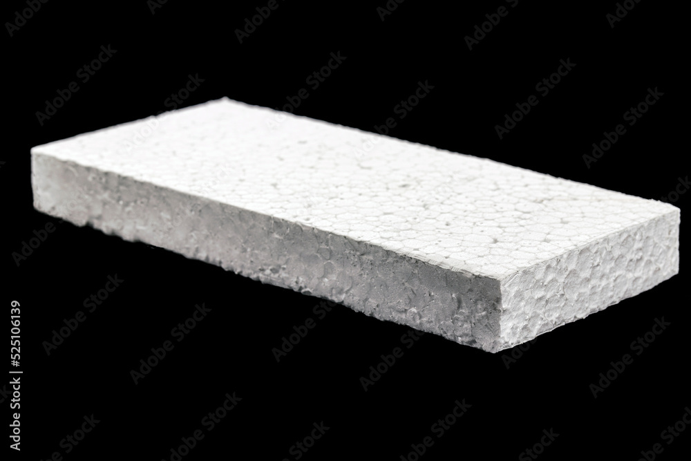 styrofoam board isolated on black background, non-toxic polystyrene  material, thermoplastic and flexible resin, used in the transport,  construction and food preservation industry Stock Photo