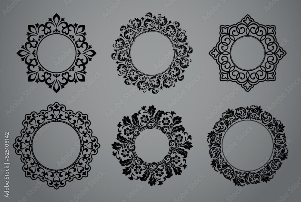 Set of decorative frames Elegant vector element for design in Eastern style, place for text. Floral black and gray borders. Lace illustration for invitations and greeting cards Set of decorative frames Elegant vector element for design in Eastern style, place for text. Floral black and gray borders. Lace illustration for invitations and greeting cards