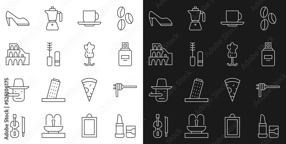 Set line Lipstick, Pasta spaghetti, Perfume, Coffee cup, Mascara brush, Coliseum in Rome, Woman shoe and Mannequin icon. Vector Set line Lipstick, Pasta spaghetti, Perfume, Coffee cup, Mascara brush, Coliseum in Rome, Woman shoe and Mannequin icon. Vector