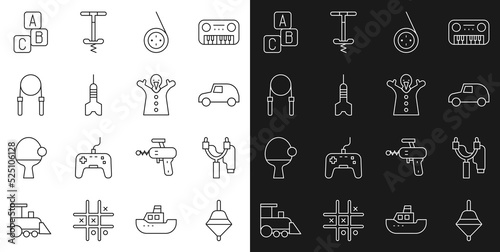 Set line Whirligig toy, Slingshot, Toy car, Yoyo, Dart arrow, Jump rope, ABC blocks and puppet doll on hand icon. Vector