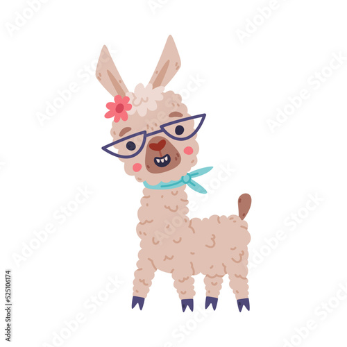 Cute baby llama wearing glasses and neckerchief. Alpaca character domesticated animal. Childish print for sticker, card, textile, nursery decor vector illustration