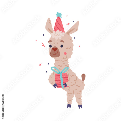 Cute baby llama in party hat holding gift box. Alpaca character domesticated animal. Childish print for sticker, card, textile, nursery decor vector illustration © topvectors