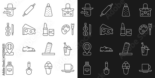 Set line Coffee cup, Bottle wine in bucket, Paint brush with palette, Grater, Cheese, Violin, Pinocchio and Lipstick icon. Vector