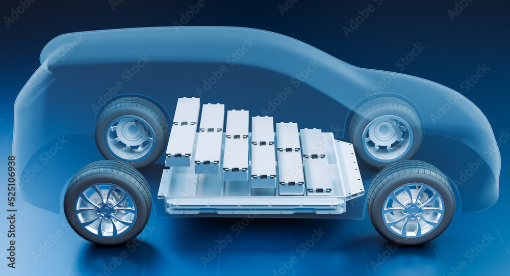 Transparent view inside electric vehicle with lithium ion battery module, x-ray SUV car energy storage system design with Li-Ion rechargeable cell pack housing, 3D rendering transportation technology