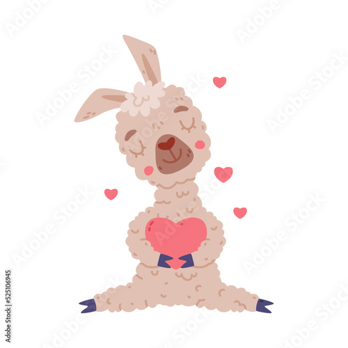 Cute baby llama holding red heart. Alpaca character domesticated animal. Childish print for sticker, card, textile, nursery decor vector illustration