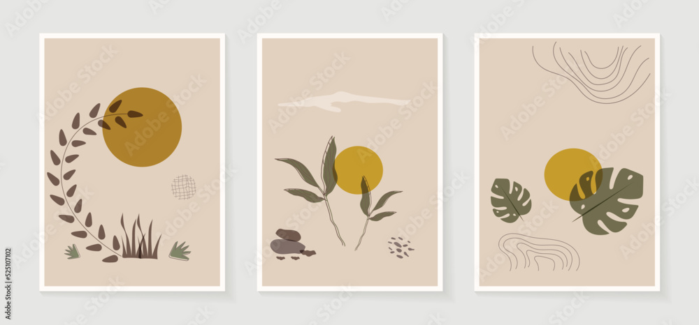 Set of abstract wall art vector background. Wall decor design with leaf branch, leaves, foliage, plant, tree. Abstract watercolor painting for wall decoration, interior, prints, cover, and postcard Set of abstract wall art vector background. Wall decor design with leaf branch, leaves, foliage, plant, tree. Abstract watercolor painting for wall decoration, interior, prints, cover, and postcard