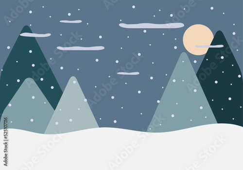 Kids Mountain landscape in scandinavian style background. Mountains, moon, snow and clouds in dusty pastel colors. For baby wallpapers, decor, web banners, posters. Vector illustration. Children's wal
