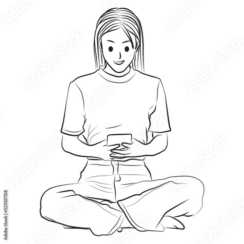 girl sitting and holding phone line art outline cartoon illustration