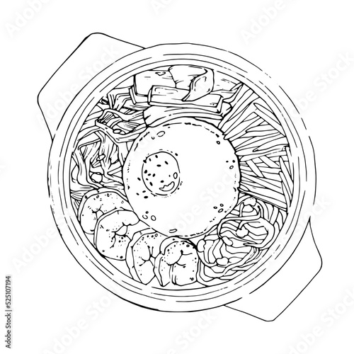 Vector illustration of a bibimbap recipe. Traditional Korean dish Bibimbap with fried egg, squid, shrimp, cucumber, soy sprouts and seaweed. Asian cuisine.