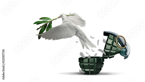 End the war concept as a grenade weapon and flowers as a symbol for peace and hope as an unexploded bomb or disarmed explosive device  photo
