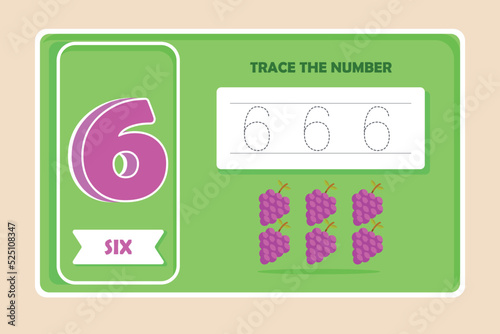 Number six tracing practice worksheet with 6 grape. Training write and count numbers concept. Vector illustration.