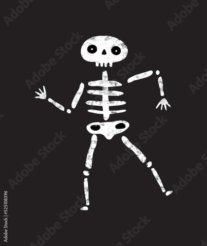 Dancing Skeleton Print. Cute Hand Drawn Halloween Vector Illustration with Cool White Human Skeleton on a Black Background. Funny Halloween Print ideal for Card, Poster.