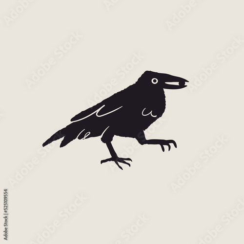 Black Raven or Crow bird. Side view. Cartoon style, flat design. Halloween, horror concept. Hand drawn trendy isolated Vector illustration. Logo, print, design template
