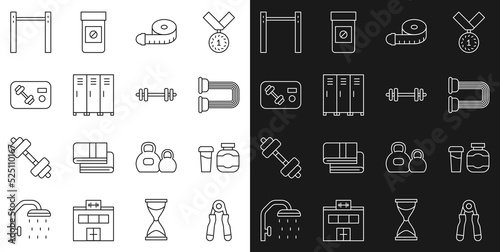 Set line Sport expander, Sports nutrition, Chest, Tape measure, Locker changing room, Fitness club, gym card, Horizontal bar and Barbell icon. Vector