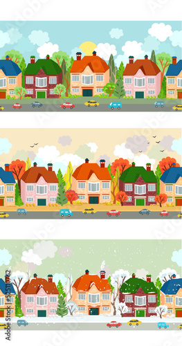 collection of seamless borders with cute houses surrounded trees