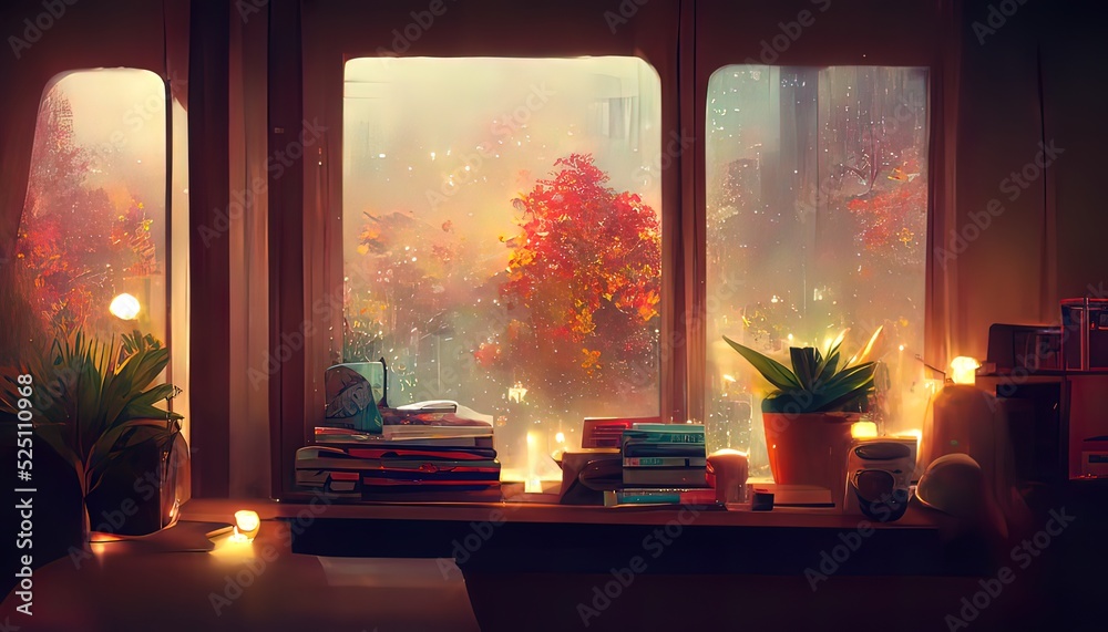 Calm lofi messy desk. Empty interior anime, manga style. Colorful study lo-fi desk. Cozy chill vibe. Autumn, fall with orange colored trees. Rainy days. Calm lofi messy desk. Empty interior anime, manga style. Colorful study lo-fi desk. Cozy chill vibe. Autumn, fall with orange colored trees. Rainy days.