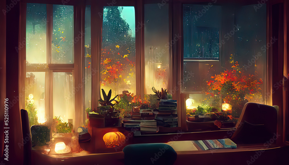 Obraz premium Calm lofi messy desk. Empty interior anime, manga style. Colorful study lo-fi desk. Cozy chill vibe. Autumn, fall with orange colored trees. Rainy days.