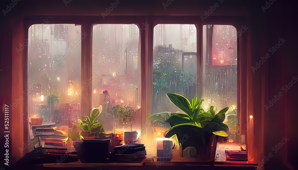 Lofi empty interior. Rainy day, anime, manga style. Colorful stuLofi empty interior. Window view of a rainy day, anime, manga style. Colorful study lo-fi desk. Cozy chill vibe. Rain day, grey cold. Lofi empty interior. Rainy day, anime, manga style. Colorful stuLofi empty interior. Window view of a rainy day, anime, manga style. Colorful study lo-fi desk. Cozy chill vibe. Rain day, grey cold.