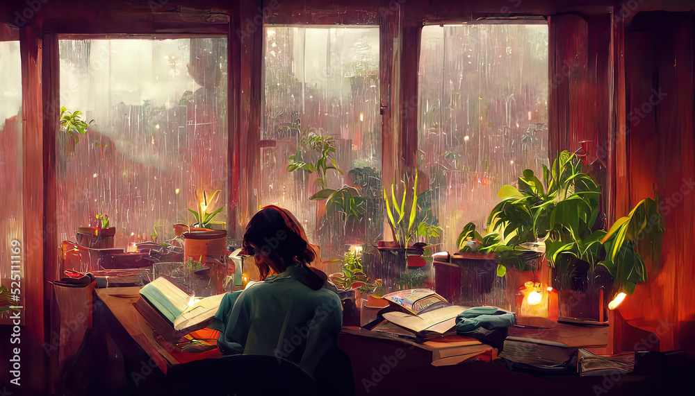 Obraz premium Lofi Girl studying at her desk. Rain ourside, beautiful chill, atmospheric wallpaper. 4K background. lo-fi, hip-hop style. Anime manga style.
