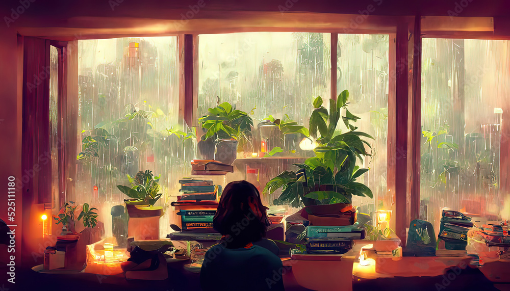 Fototapeta premium Lofi Girl studying at her desk. Rain ourside, beautiful chill, atmospheric wallpaper. 4K background. lo-fi, hip-hop style. Anime manga style.