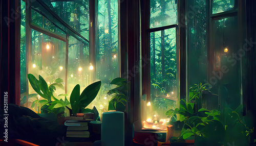 Lofi empty interior. Messy desk, window view of a forest, jungle. Anime, manga style. Colorful study lo-fi desk. Cozy chill vibe. Hip-hop atmoshperic lighs. Stars 4k wallpaper.