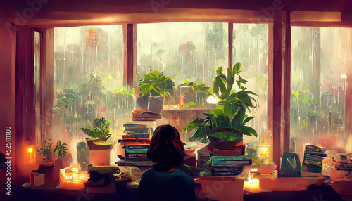 Lofi Girl studying at her desk. Rain ourside  beautiful chill  atmospheric wallpaper. 4K background. lo-fi  hip-hop style. Anime manga style.