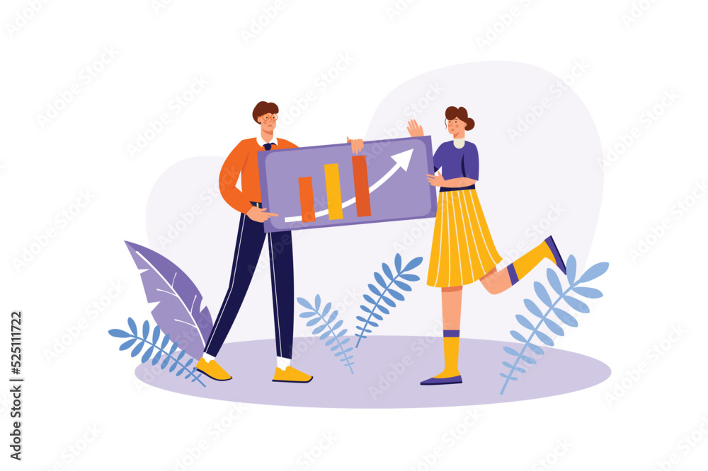 Teamwork concept with people scene in flat cartoon design. Colleagues analyze the successful development of the company, which was achieved thanks to teamwork. Vector illustration.