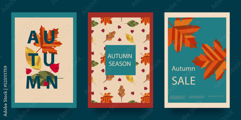 Autumn abstract poster in modern hipster style. Geometric shapes. Trendy modern art with autumn leaves.