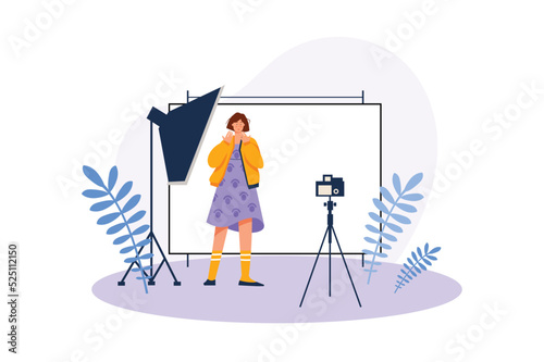 Concept Photo studio with people scene in the flat cartoon style. Model prepares for shooting under the camera's sights in the photo studio. Vector illustration.