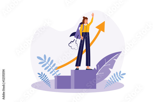 Concept Creative startup with people scene in the flat cartoon design. Girl implemented her creative startup and is rapidly developing it. Vector illustration.
