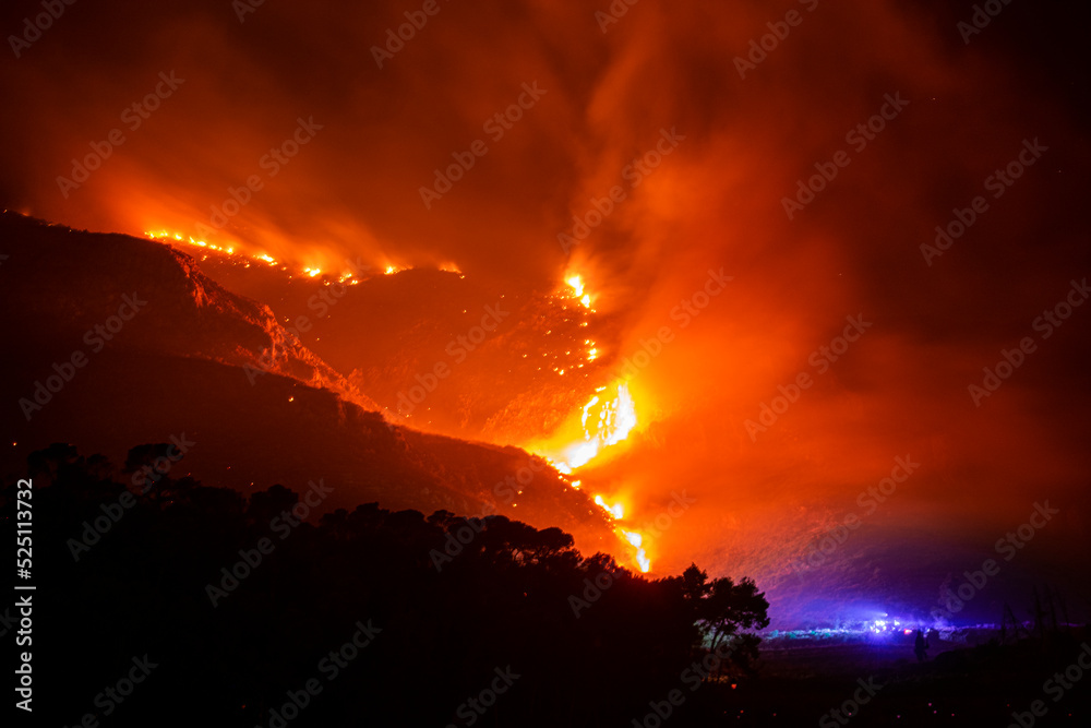 incendio forestal en montaña con bomberos