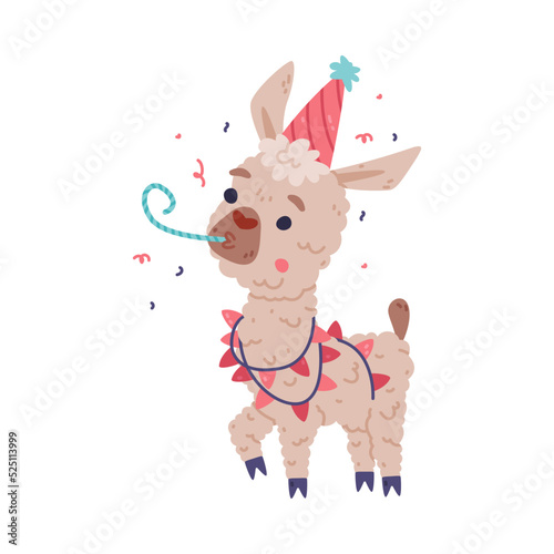 Cute fluffy baby llama wearing party hat blowing whistle. Alpaca character domesticated animal cartoon vector illustration