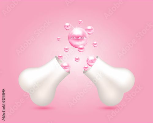 Collagen float out of the bone capsule. Help heal arthritis knee joint, pain in leg. Healthy bones on pink background. Used for nutrition products food template design. 3D Vector EPS10.